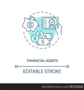 Financial assets concept icon. Intangible assets type idea thin line illustration. Cash, stocks, bonds. Contractual agreements on cash flows. Vector isolated outline RGB color drawing. Editable stroke. Financial assets concept icon