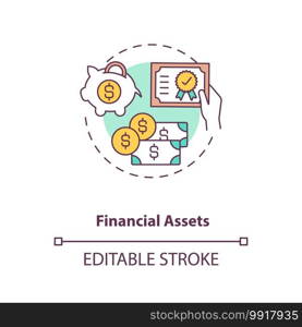 Financial assets concept icon. Intangible assets type idea thin line illustration. Cash, stocks, bonds. Mutual funds and bank deposits. Vector isolated outline RGB color drawing. Editable stroke. Financial assets concept icon