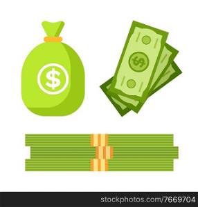 Financial assets vector, banknotes and investment profit, green dollars of United States of America. Deposit fund capital of business, banking sphere. Currency Dollar Banknotes and Financial Investment