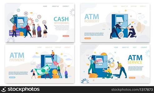 Financial ATM Services. Finance Operations via Cash Pointer. Automatic Teller Machine Maintenance and Diagnostics Technical Support. Landing Page. People and Modern Technology Set. Vector Illustration. Financial ATM Services Landing Page Cartoon Set