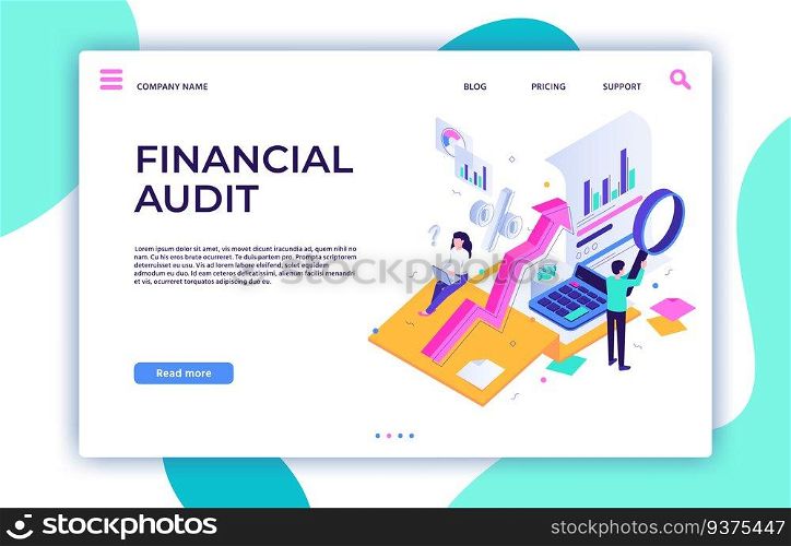 Financial audit landing page. Tax management, business consultant service and finance accounting. Website audits or marketing auditing service development isometric vector illustration. Financial audit landing page. Tax management, business consultant service and finance accounting isometric vector illustration