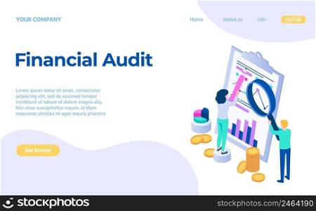 Financial audit service concept analysing chart landing page. Vector analyse concept business service, illustration of chart analysis financial. Financial audit service concept analysing chart landing page