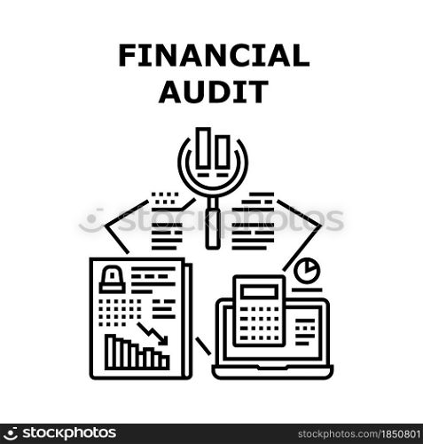 Financial Audit Vector Icon Concept. Financial Audit And Annual Finance Report Calculating Accountant With Calculator Electronic Device. Balance Sheet And Income Statement Black Illustration. Financial Audit Vector Concept Black Illustration