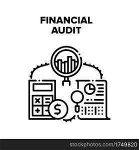 Financial Audit Vector Icon Concept. Financial Audit And Auditing Tax Process, Calculating Income And Expense, Researching Finance Document Report And Analyzing Chart Black Illustration. Financial Audit Vector Black Illustrations