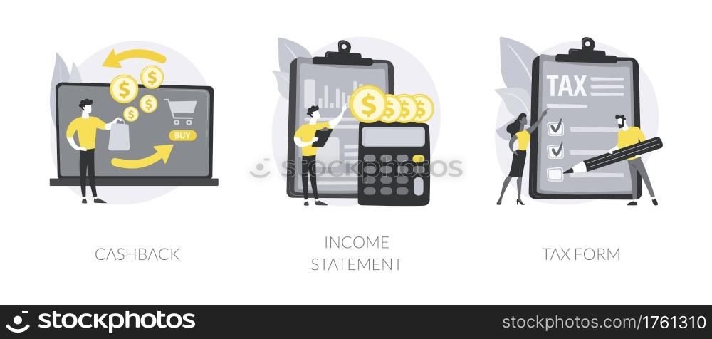 Financial balance documents abstract concept vector illustration set. Cashback service, income statement, tax form, reduce cost, corporate accounting service, online application abstract metaphor.. Financial balance documents abstract concept vector illustrations.