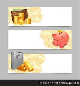 Financial banner horizontal set with realistic money wallet safe and piggy bank isolated vector illustration. Financial Banner Set