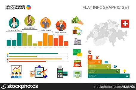 Financial bar charts template for presentation. Business data visualization. Currency, finance, planning or marketing creative concept for infographic, report, project layout.