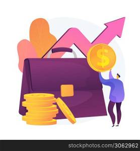 Financial benefit. Businessman cartoon character with big briefcase earning money, getting revenue. Profit, income, earnings. Capital gain process. Vector isolated concept metaphor illustration. Financial benefit vector concept metaphor