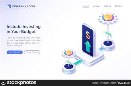 Financial budget planning isometric landing page. Mobile phone investment application with growing money trees and arrow rising up. Invest strategy plan, finance analytic, app, 3d vector web banner. Financial budget planning isometric landing page