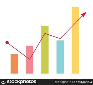 Financial business bar chart with arrow going up vector cartoon illustration isolated on white background.. Business bar chart with arrow going up.