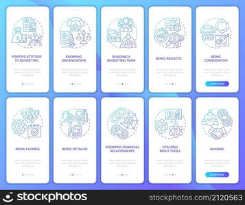 Financial business plan blue gradient onboarding mobile app screen set. Walkthrough 5 steps graphic instructions pages with linear concepts. UI, UX, GUI template. Myriad Pro-Bold, Regular fonts used. Financial business plan blue gradient onboarding mobile app screen set