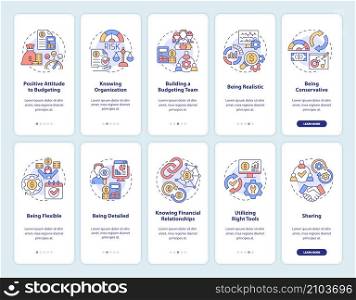 Financial business plan onboarding mobile app screen set. Walkthrough 5 steps graphic instructions pages with linear concepts. UI, UX, GUI template. Myriad Pro-Bold, Regular fonts used. Financial business plan onboarding mobile app screen set