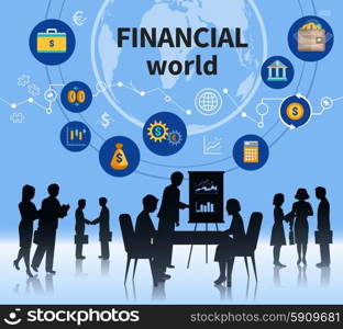 Financial business world concept composition banner. Financial business world successful management concept defining symbols composition banner with profitable teamwork flowchart abstract vector illustration