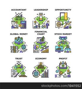 Financial Chart Set Icons Vector Illustrations. Stock Market Financial Chart And Global Money Profit, Accountant Business And Leadership, Opportunity And Trust. Color Illustrations. Financial Chart Set Icons Vector Illustrations