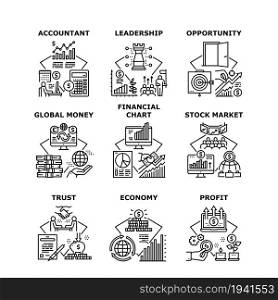 Financial Chart Set Icons Vector Illustrations. Stock Market Financial Chart And Global Money Profit, Accountant Business And Leadership, Opportunity And Trust. Black Illustration. Financial Chart Set Icons Vector Illustrations