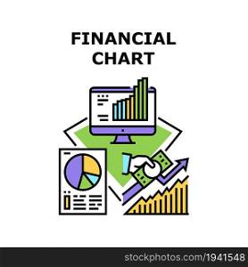 Financial Chart Vector Icon Concept. Financial Chart Monitoring And Analyzing, Trade Market Infographic Manager Researching Online On Computer Screen And On Paper List Color Illustration. Financial Chart Vector Concept Color Illustration