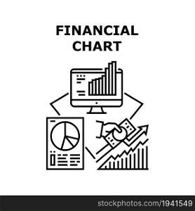 Financial Chart Vector Icon Concept. Financial Chart Monitoring And Analyzing, Trade Market Infographic Manager Researching Online On Computer Screen And On Paper List Black Illustration. Financial Chart Vector Concept Black Illustration