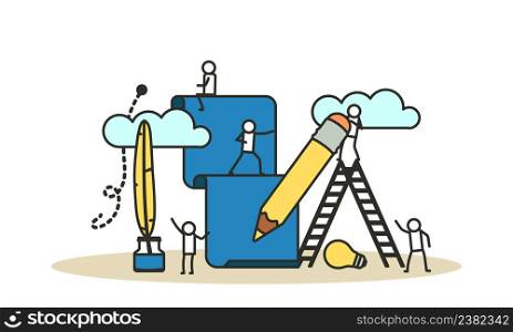 Financial community man and woman idea business concept with pencil and light bulb vector illustration. Flat character team partnership company assistance support. Success work banner solution office