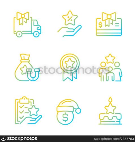 Financial compensation gradient linear vector icons set. Discounts, offers. Marketing strategy. Employee engagement. Thin line contour symbol designs bundle. Isolated outline illustrations collection. Financial compensation gradient linear vector icons set