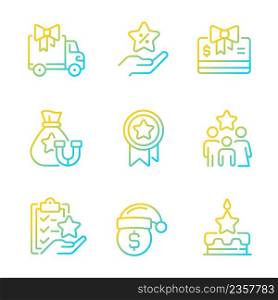 Financial compensation gradient linear vector icons set. Discounts, offers. Marketing strategy. Employee engagement. Thin line contour symbol designs bundle. Isolated outline illustrations collection. Financial compensation gradient linear vector icons set