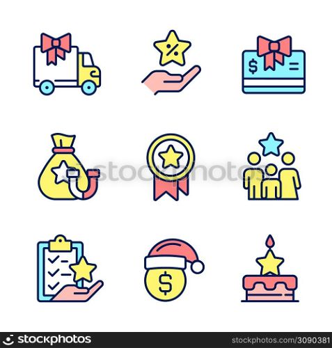 Financial compensation pixel perfect RGB color icons set. Discounts, offers. Marketing strategy. Engagement. Isolated vector illustrations. Simple filled line drawings collection. Editable stroke. Financial compensation pixel perfect RGB color icons set