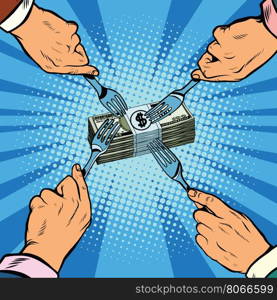 Financial competition, fight for money, pop art retro vector illustration. Hands with forks reaching for that bundle of money