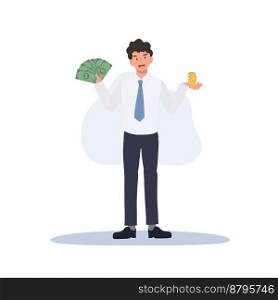 Financial concept. Full length of businessman is holding fan of dollar cash banknote and golden coin. receiving a salary. Flat vector cartoon illustration