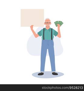 Financial Concept. Full Length Senior man Illustration with Money Fan and Signboard. Flat vector cartoon illustration