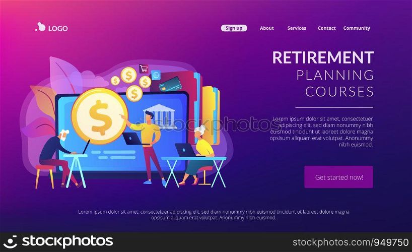 Financial consultant calculating pensioners fund. Financial literacy of retirees, retirement planning courses, retirement income control concept. Website homepage landing web page template.. Financial literacy of retirees concept landing page.