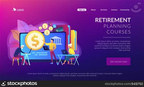 Financial consultant calculating pensioners fund. Financial literacy of retirees, retirement planning courses, retirement income control concept. Website homepage landing web page template.. Financial literacy of retirees concept landing page.