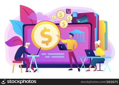 Financial consultant calculating pensioners fund. Financial literacy of retirees, retirement planning courses, retirement income control concept. Bright vibrant violet vector isolated illustration. Financial literacy of retirees concept vector illustration.