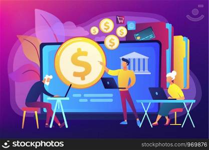 Financial consultant calculating pensioners fund. Financial literacy of retirees, retirement planning courses, retirement income control concept. Bright vibrant violet vector isolated illustration. Financial literacy of retirees concept vector illustration.