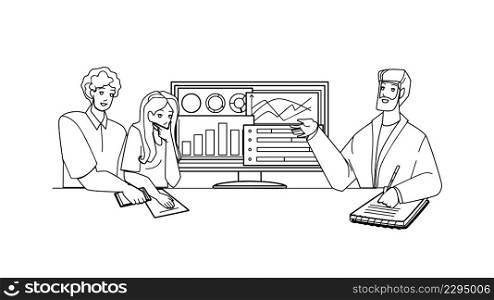 Financial Consultant Man Advising Clients Black Line Pencil Drawing Vector. Financial Consultant Businessman Advise Boy And Girl Couple In Office And Show Finance Graph On Computer Screen. Characters. Financial Consultant Man Advising Clients Vector