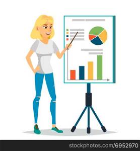 Financial Consultant Vector. Business Woman, Blackboard. Professional Support Research Graphs Market. Business Management. Financial Planning. Accounting Organization Process. Isolated Illustration. Financial Consultant Vector. Business Woman, Blackboard. Professional Support Research Graphs Market. Business Management. Financial Planning. Accounting Organization Process. Illustration