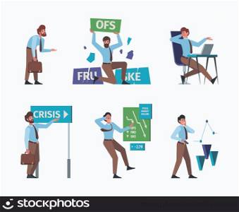 Financial crises. Investment money recession economy risk problem bankruptcy broke company garish vector business scenes in flat style. Illustration of crisis and stock investment. Financial crises. Investment money recession economy risk problem bankruptcy broke company garish vector business scenes in flat style