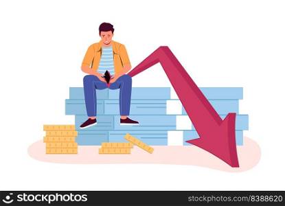 Financial crisis and bankrupt, businessman upset and depressed. Crisis financial depression, man with problem, finance failure and depressed, vector illustration. Financial crisis and bankrupt, businessman upset and depressed