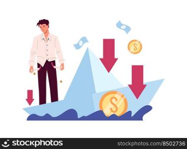 Financial crisis and economy collapse. Poor broken man having business problem. Sinking boat with money loss, company bankruptcy or debt trouble. Investment strategy failure vector. Financial crisis and economy collapse. Poor broken man having business problem. Sinking boat with money loss