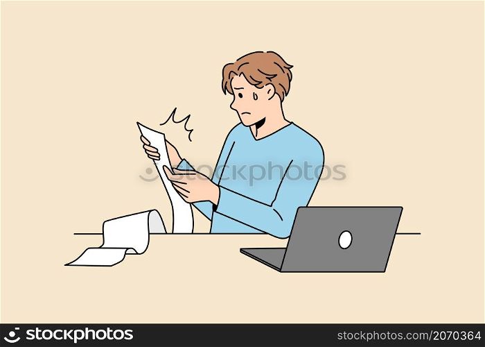 Financial crisis and expenses concept. Young man businessman or worker sitting reading long bill feeling stressed frustrated vector illustration . Financial crisis and expenses concept.