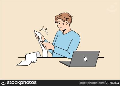 Financial crisis and expenses concept. Young man businessman or worker sitting reading long bill feeling stressed frustrated vector illustration . Financial crisis and expenses concept.
