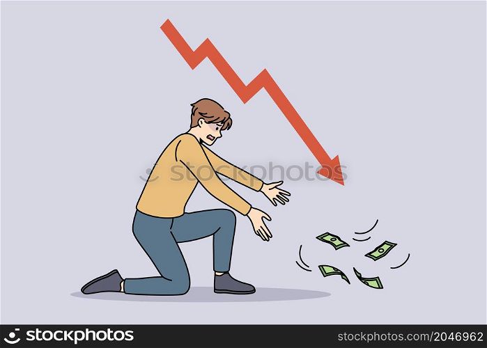 Financial crisis and regression concept. Stressed young businessman sitting on knee trying to get reach flying away money with arrow down vector illustration . Financial crisis and regression concept.
