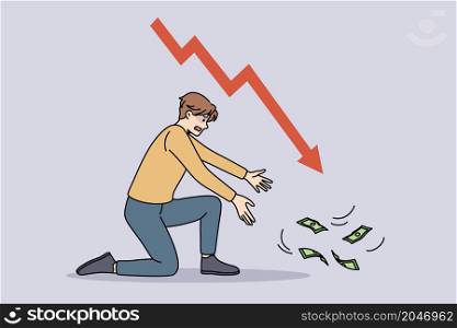 Financial crisis and regression concept. Stressed young businessman sitting on knee trying to get reach flying away money with arrow down vector illustration . Financial crisis and regression concept.