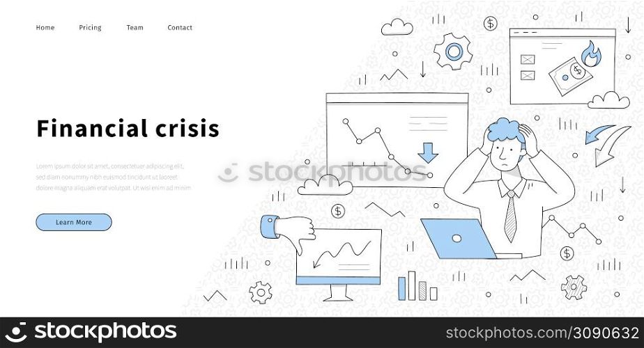 Financial crisis banner. Concept of economic decrease, bankruptcy, finance decline. Vector landing page with doodle illustration with sad man with laptop, down graph and charts on screens. Financial crisis, economic decrease banner