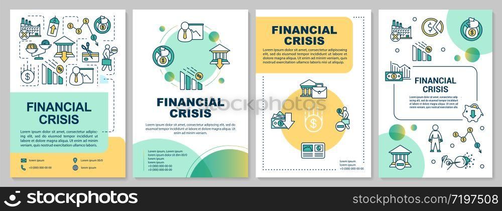 Financial crisis brochure template. Economic issue, stock market crash flyer, booklet, leaflet print, cover design with linear icons. Vector layouts for magazines, annual reports, advertising posters