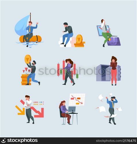 Financial crisis. Business collapse money fail financial problems bankruptcy loss cash garish vector concept illustrations in flat style. Crisis bankruptcy, money problem financial. Financial crisis. Business collapse money fail financial problems bankruptcy loss cash garish vector concept illustrations in flat style