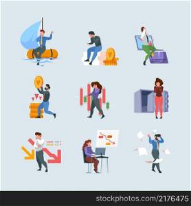 Financial crisis. Business collapse money fail financial problems bankruptcy loss cash garish vector concept illustrations in flat style. Crisis bankruptcy, money problem financial. Financial crisis. Business collapse money fail financial problems bankruptcy loss cash garish vector concept illustrations in flat style