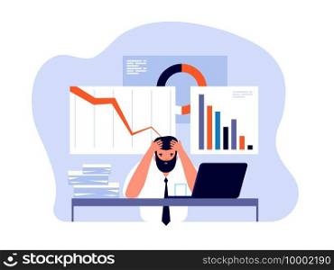 Financial crisis concept. Businessman in panic with falling trading charts. Failure and bankruptcy, economic risk vector background. Businessman crisis market, business chart and graph illustration. Financial crisis concept. Businessman in panic with falling trading charts. Failure and bankruptcy, economic risk vector background
