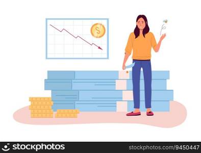 Financial crisis. Disappointed person showing empty pockets. Market fall, cart showing arrow going down. Economy collapse concept. Employee without money, poverty vector illustration. Financial crisis. Disappointed person showing empty pockets. Market fall, cart showing arrow going down. Economy collapse concept