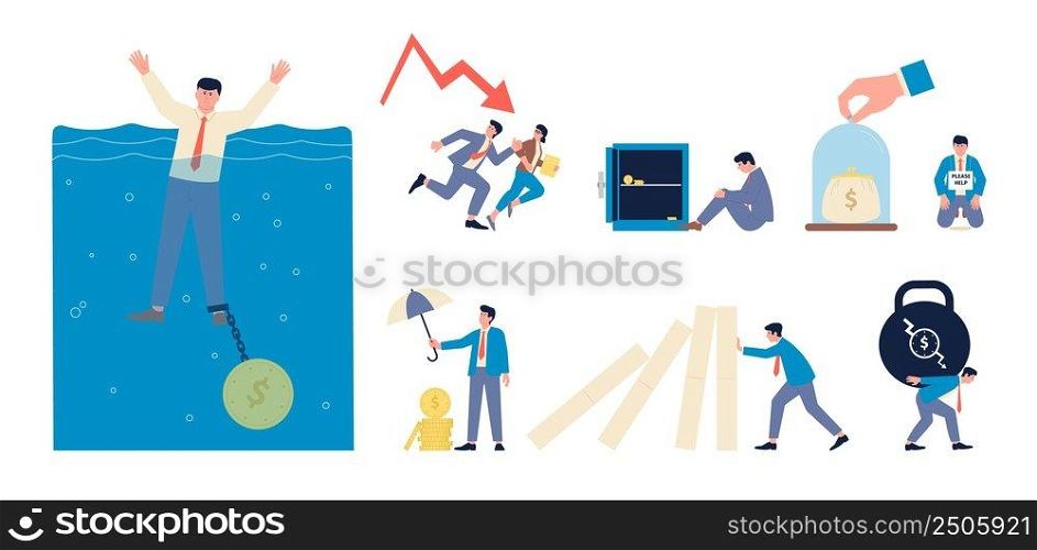 Financial crisis. Economic bankruptcy, leader decline and business problems. Graphic push down, managers and finance need help, recent vector. Illustration of businessman economic financial crisis. Financial crisis. Economic bankruptcy, leader decline and business problems. Graphic push down, managers and finance need help, recent vector scenes