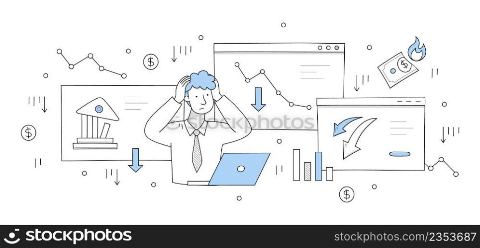 Financial crisis, economic decrease, bankruptcy concept with doodle sad man with laptop, down graph and charts on screen. Vector hand drawn illustration with upset businessman and finance decline. Financial crisis, economic decrease, bankruptcy