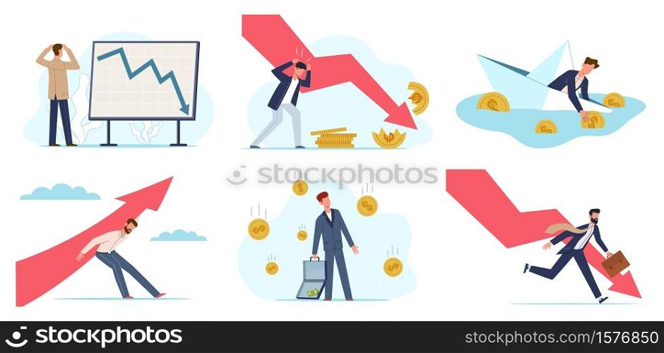 Financial crisis. Global economic money problem, depressed businessman. Bankruptcy unpaid loan debt, investment failure company startup collapse, people and falling arrow concept vector flat set. Financial crisis. Global economic problem, depressed businessman. Bankruptcy unpaid loan debt, investment failure company startup collapse, people and falling arrow vector flat set